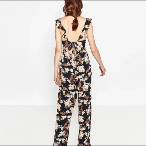 Zara Woman Floral Jumpsuit Ruffle Shoulder Tie Back Wide Leg Med NWT - Picture 5 of 9